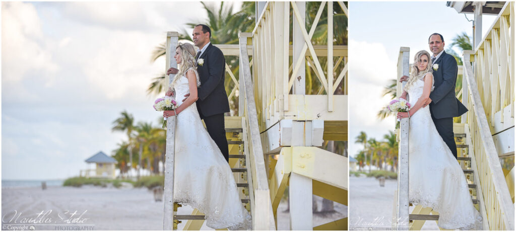 Key Biscayne wedding photo on the lifeguard stand.
