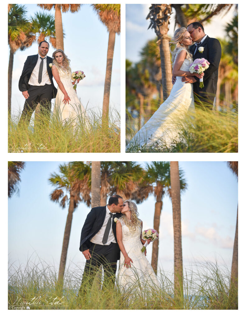 Photography of wedding couple in Key Biscayne under palm trees.
